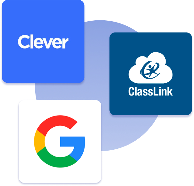 Blue circle with 3 squares on top. One square has the Clever logo, the next has the classlink logo, and the last has the google logo.