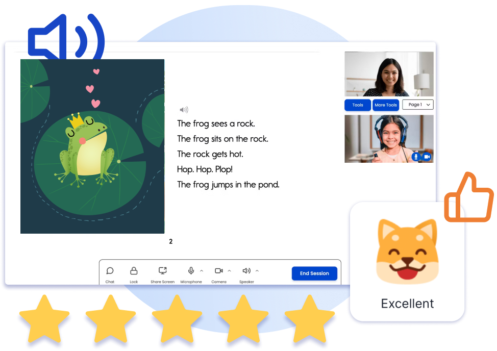 A screenshot of the Littera virtual classroom with reading curriculum. Around the screenshot are icons of a speaker, a thumbs up, 5 stars, and a dog illustration with the word "Excellent" written below.