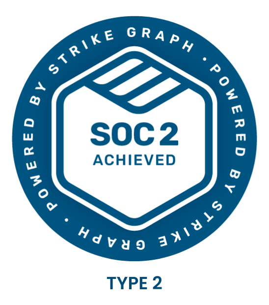 SOC 2 Achieved Badge. Typed around the badge it says "Powered by Strike Graph - Powered by Strike Graph"