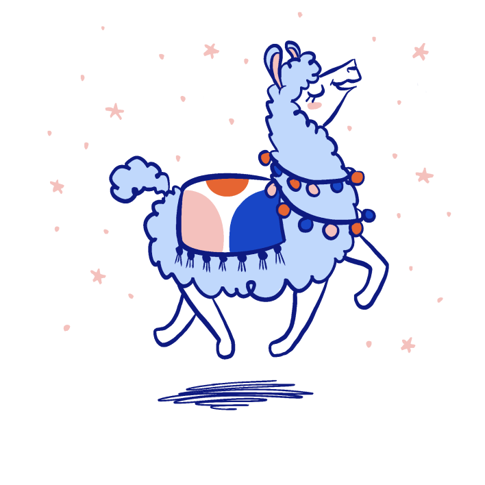 Illustration of a blue, happy llama prancing with sparkles around her