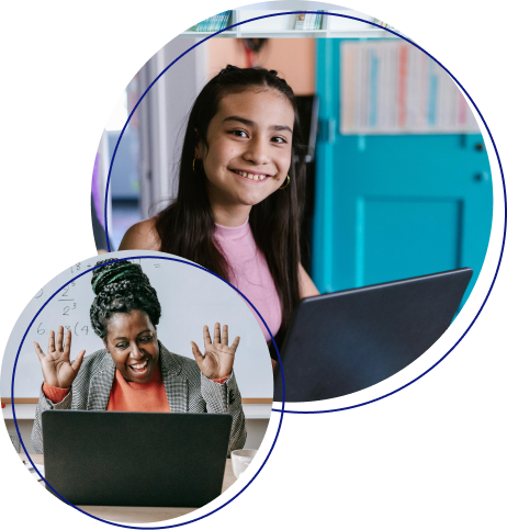 Photo of a girl with medium-light skin tone smiling on laptop and another photo of a woman with a dark skin tone smiling and raising her hands while on a laptop